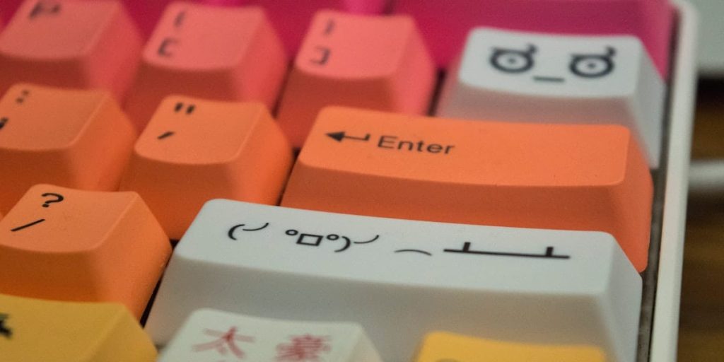 Custom keycaps on a mechanical keyboard.