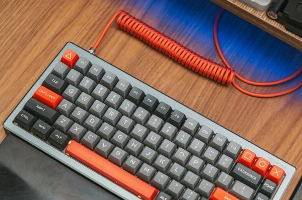 Mechanical keyboard with wired coiled cable connection.